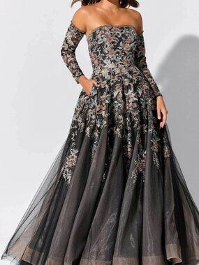 NWT Ivonne D ID327 Organza Prom Dress Blk/Multi Size 14